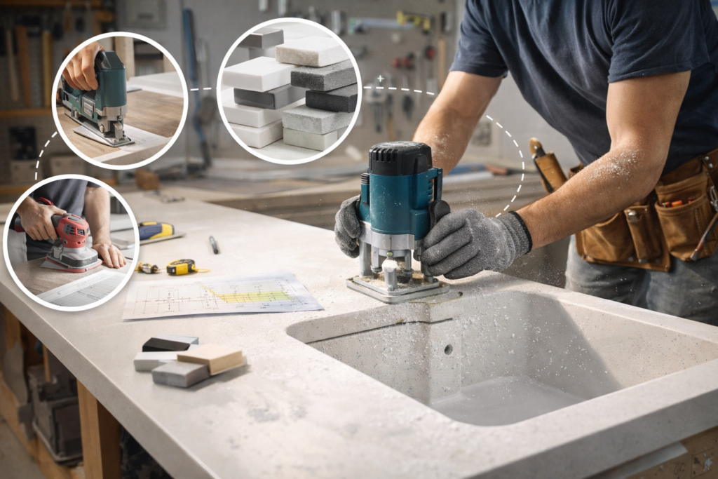Lavorazione del Corian su misura con fresatura, campioni di materiale e disegni tecnici in laboratorio.